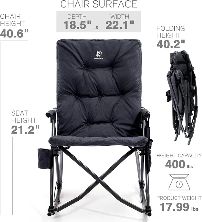 EVER ADVANCED Oversized Folding Rocking Camping Chair, Padded Portable Rocker