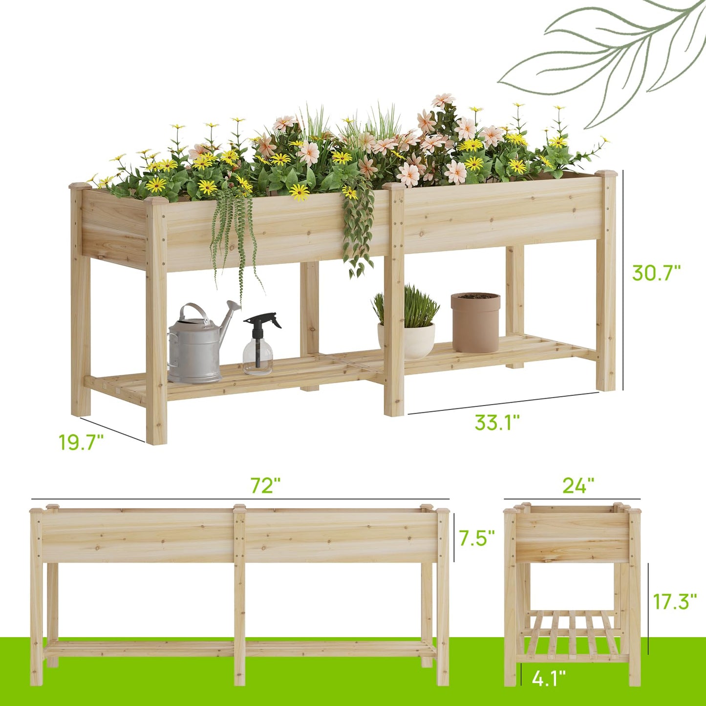 72x24x30.7 Wooden Planter Box with Storage Shelf Raised Garden Bed with Legs Elevated Wood Planter Box for Vegetables Flowers Herbs Garden Planter for Backyard Patio Balcony (Natural, Large)