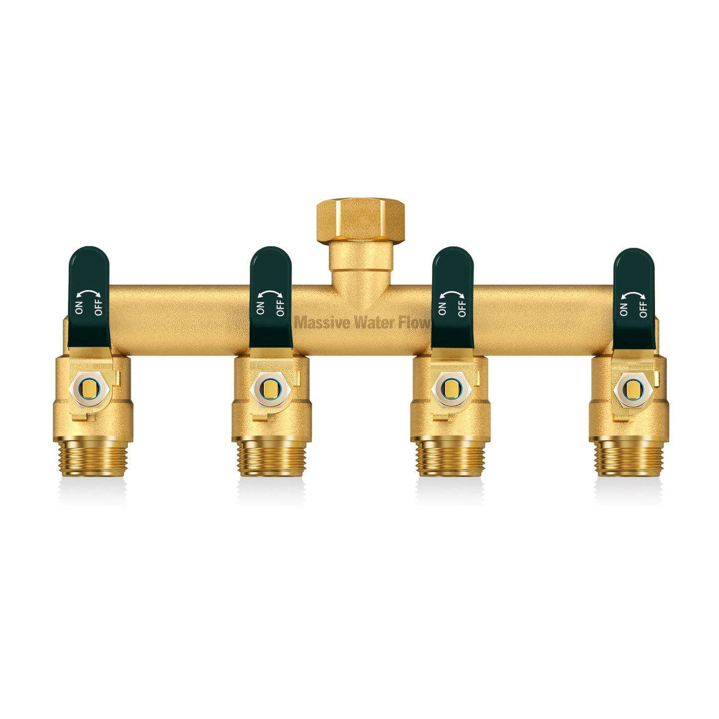 4 Way Hose Splitter, Heavy Duty Full Flow Garden Hose Splitter with 4 Large Metal Handles, Brass Water Hose Bib Splitter, T Adapter Connector with 3/4 - Inch GHT Thread (Green)