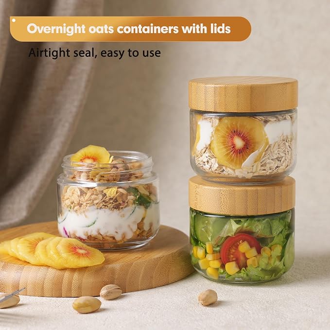 Moretoes 6 Pack Overnight Oats Containers with Lids, 10oz Glass Storage for Dry Food, Jars with Lids for Yogurt & Salad, Portable for Picnic & Lunch, Transparent Square Design for Kitchen Pantry Jars