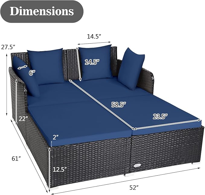 COSTWAY Outdoor Patio Rattan Daybed, Sponge Cushioned Loveseat Sofa