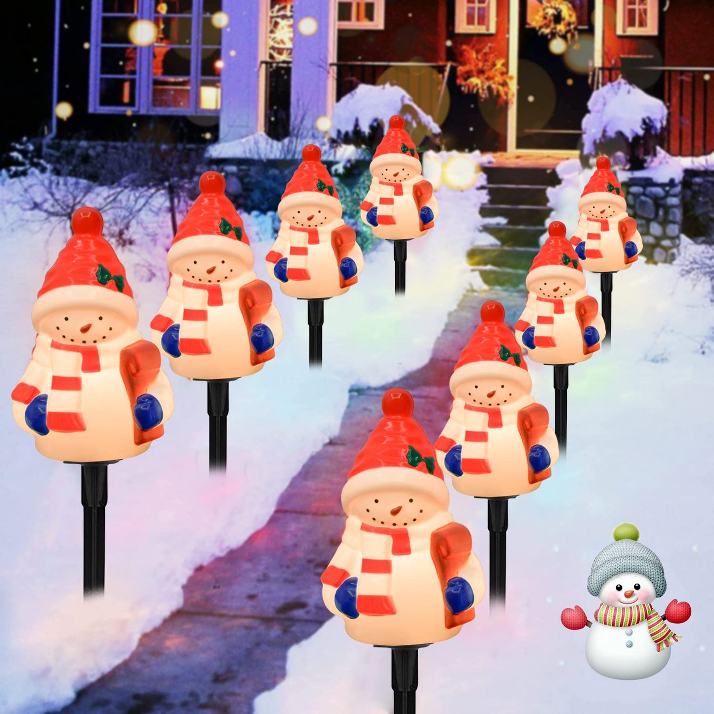 Christmas Snowman Pathway Stakes Lights 7Ft C7 Outdoor Landscape String Light with 4 Snowman Driveway Markers(E12 Base 5w) for Patio Yard Garden Lawn Decoration 1 Pack, White