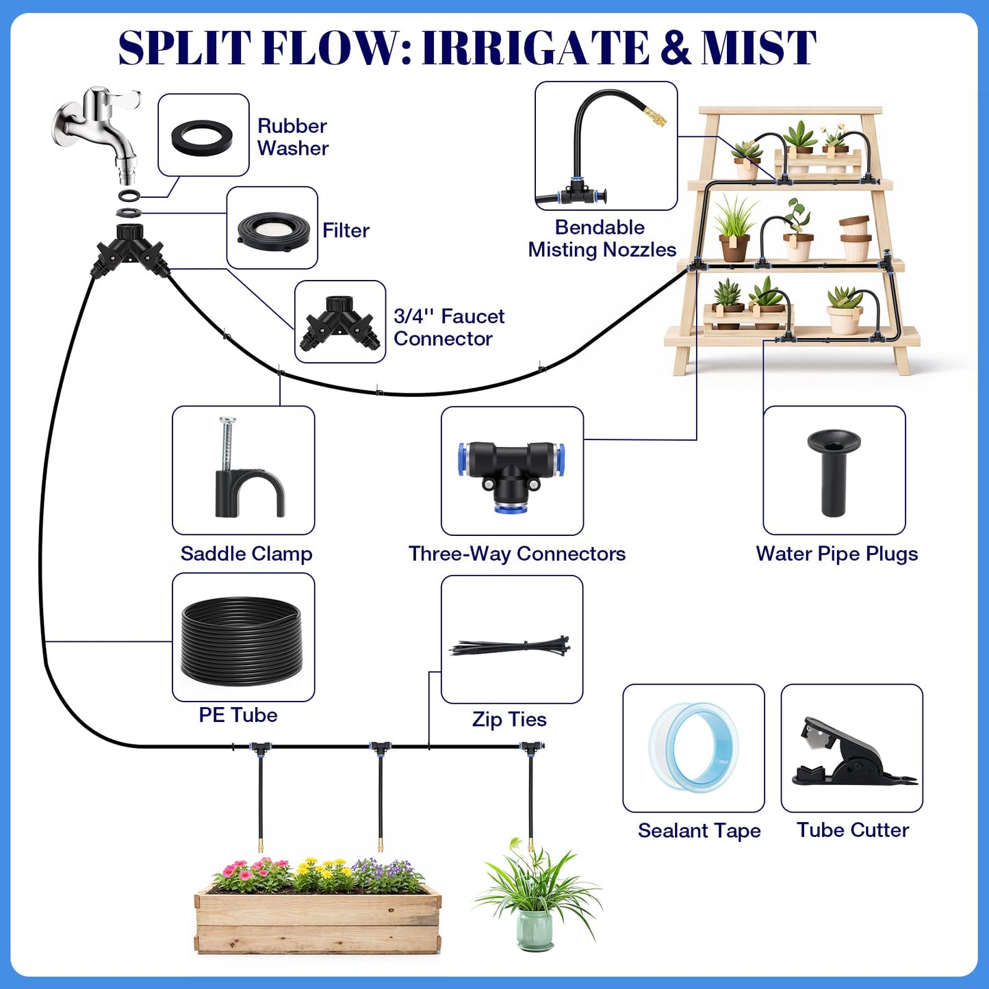60FT Drip Irrigation Kit, 6mm Hose with Dual Outlet Splitter with Independent Valves & 15 360° Adjustable Brass Nozzles & 18 Snap-On Tees, DIY Automatic Watering for Greenhouse, Raised Beds, Garden