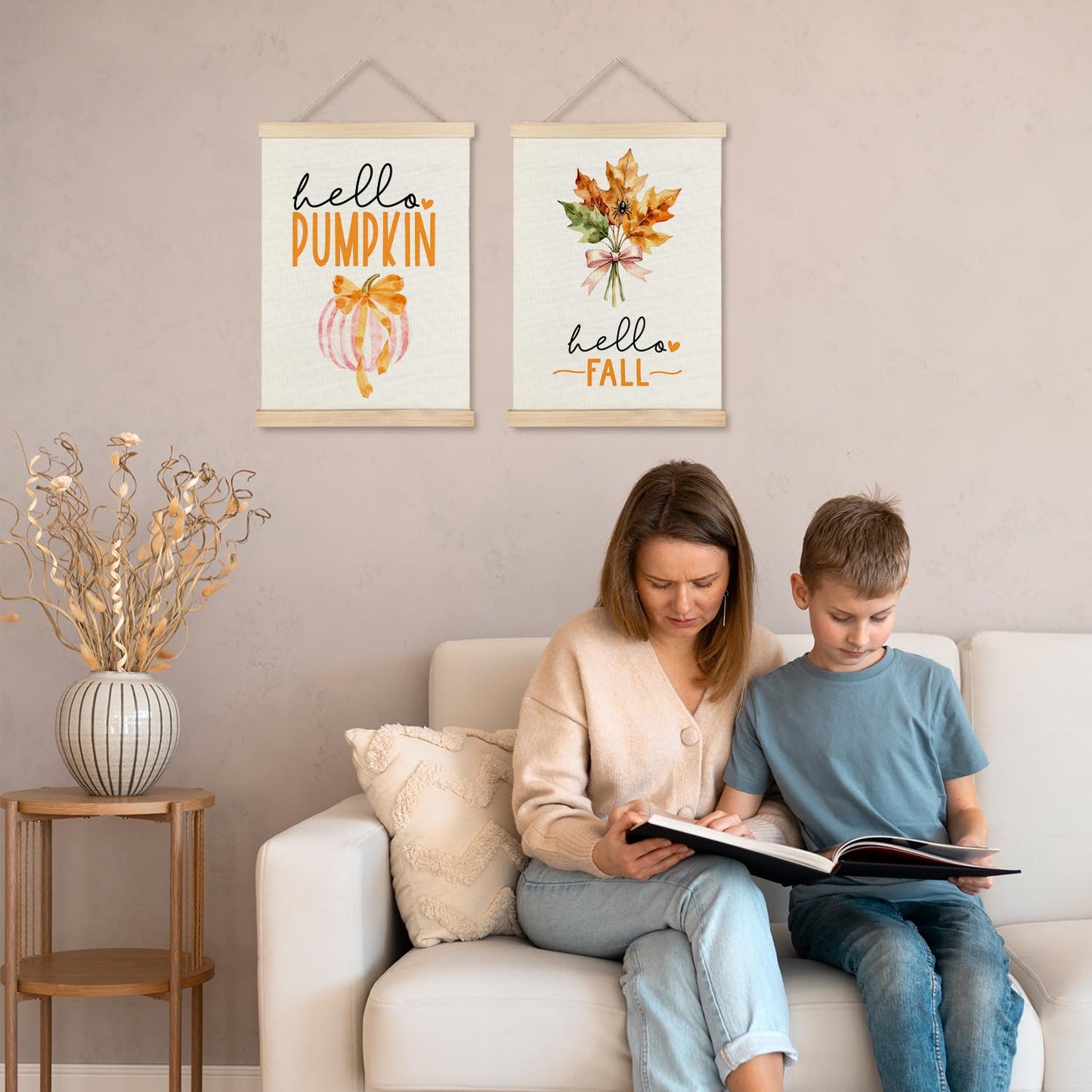 JINYO Hello Fall Pumpkin Maple Leaf Wall Art Poster, Preppy Fall Decor, Hello Pumpkin Autumn Canvas Prints Wall Decor for Home Living Room Kitchen Office, 12x16 Inches Set of 2