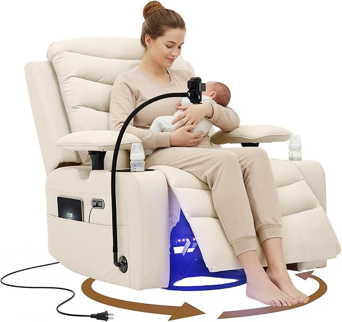 Olela Power Glider Recliner Nursery Chair, Oversized Leather Swivel Rocking