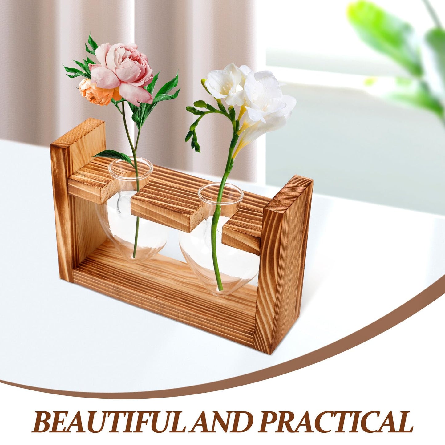 Mobestech Glass Vase with Wooden Stand Heart-Shaped Hydroponic Terrarium for Indoor Plants Desktop Plant Decor Home Vase Set with 2 Glass Containers