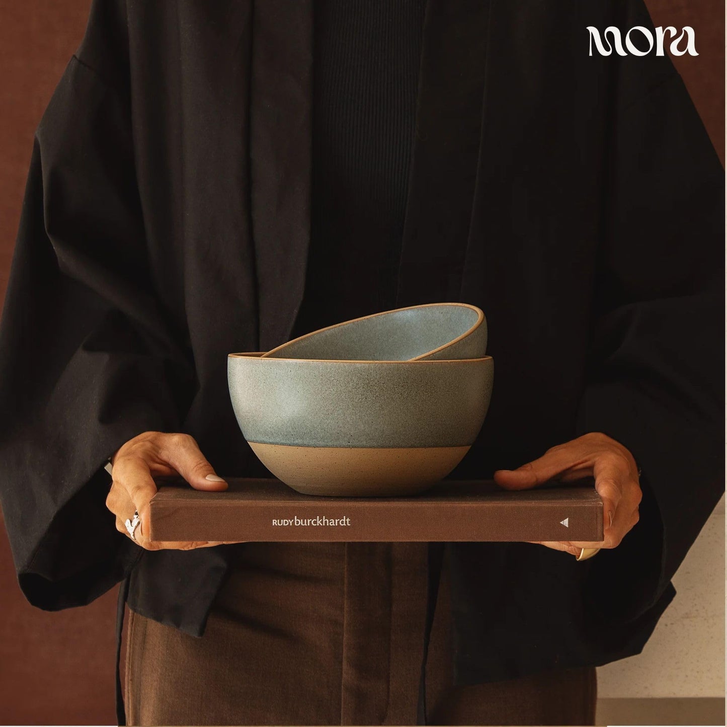 MORA Jumbo and Large Bowls Set of 2, 2.5 and 1.5 Qt Ceramic Pottery Mixing Bowls - Microwave and Dishwasher Safe - Terracotta & Peppercorn