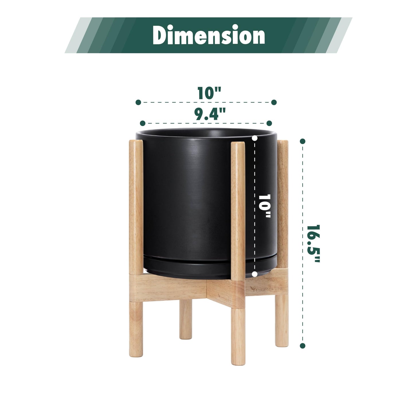 D'vine Dev Ceramic Planter with Natural Stand - 10 Inch Modern Round Flower Pot with Wood Planter Holder, Black, 55-B-K-2