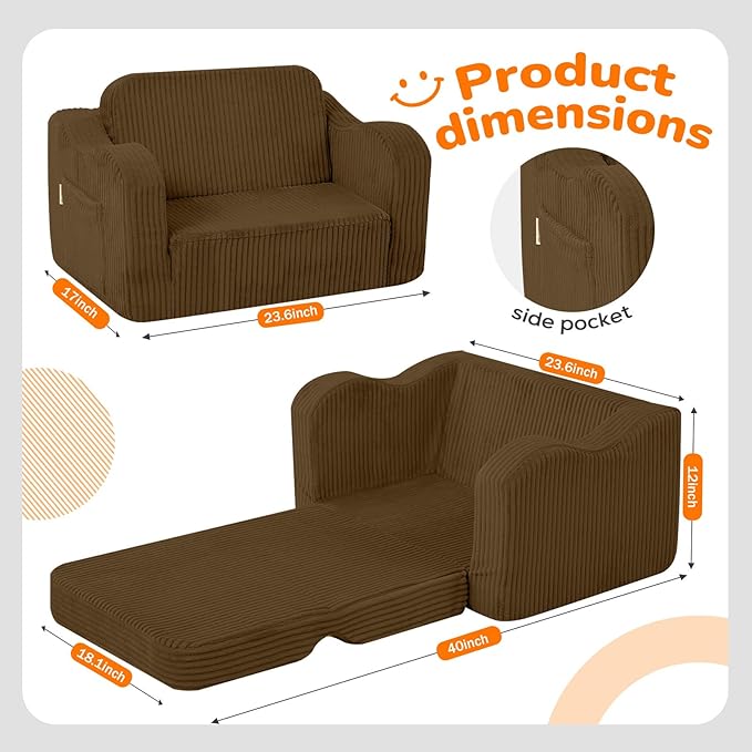 MeMoreCool Toddler Couch, 2-in-1 Corduroy Kids Couch Fold Out to Lounger