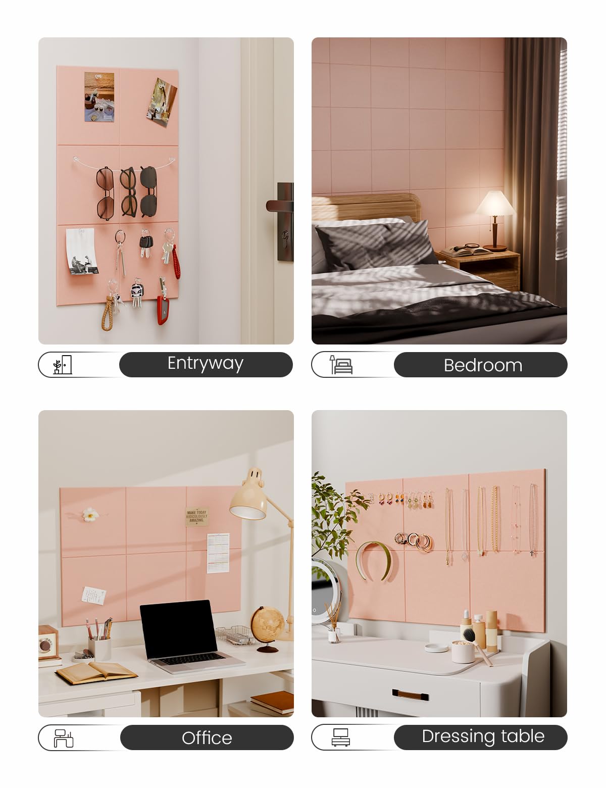 Felt Bulletin Board Tiles -28"x18" Cork Board Alternative for Office Decor, Push Pin Board Wall Organizer 6-Pack - Pink