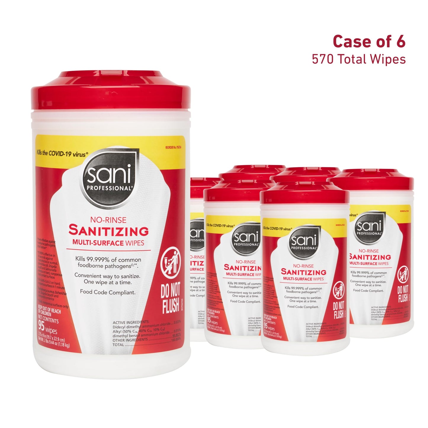 PDI Sani-Professional Sanitizing Wipes, No-Rinse Multi-Surface Cleaning for Food Contact Surfaces, Kitchens, Restuarants Tables, 95 Large 7.75" x 9" Count per Canister, Pack of 6