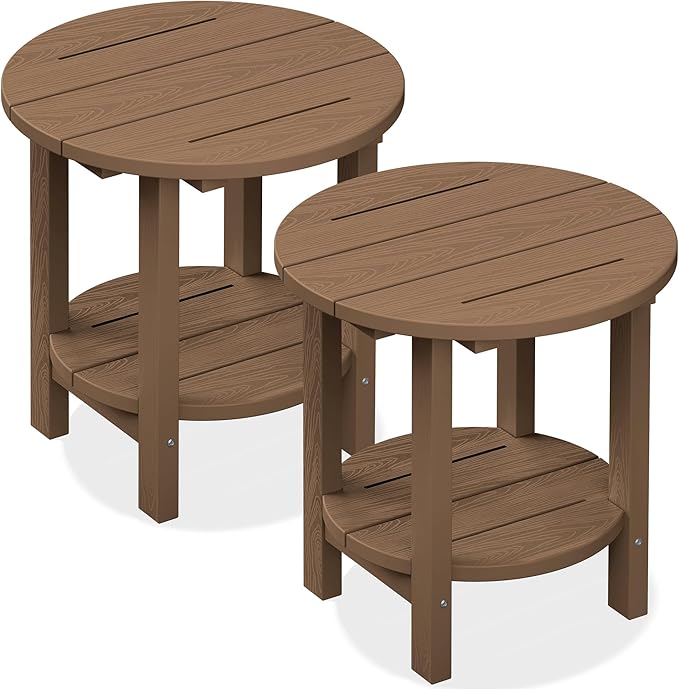 SERWALL Round Outdoor Side Table Set of 2, HDPE Small Adirondack Double End