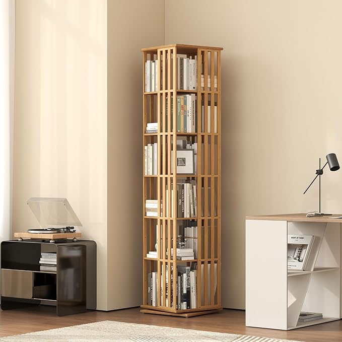 YOWOS Rotating Bookshelf Tower, 360° Display Spinning Bookcase, Bamboo