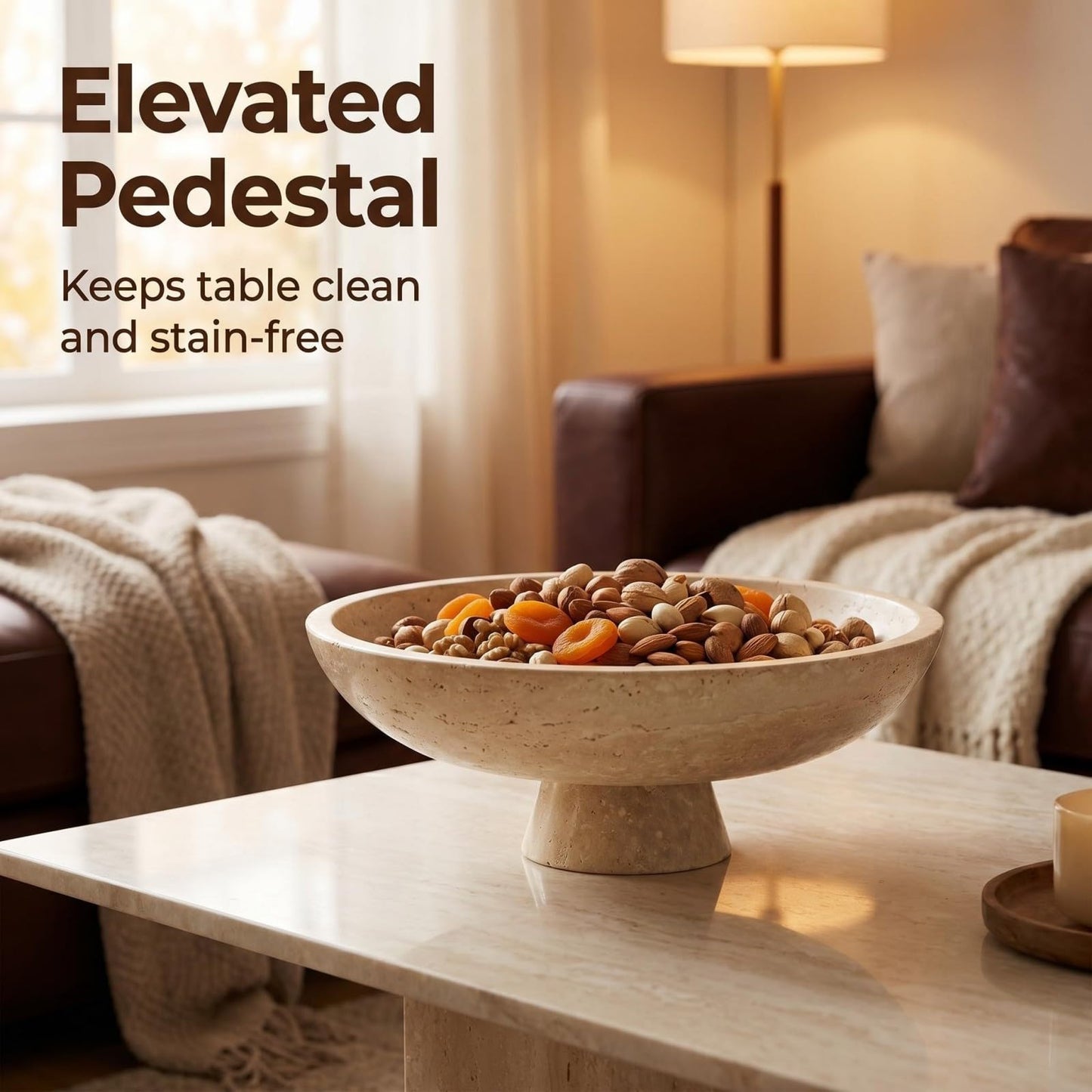 Natural Travertine Fruit Bowl for Kitchen Counter11.8",Large Decorative Bowl & Travertine Bowl Pedestalfor Kitchen Counter & Dining Table ,For Entryway, KitchenFruit Bowl, Dining Table Centerpiece.