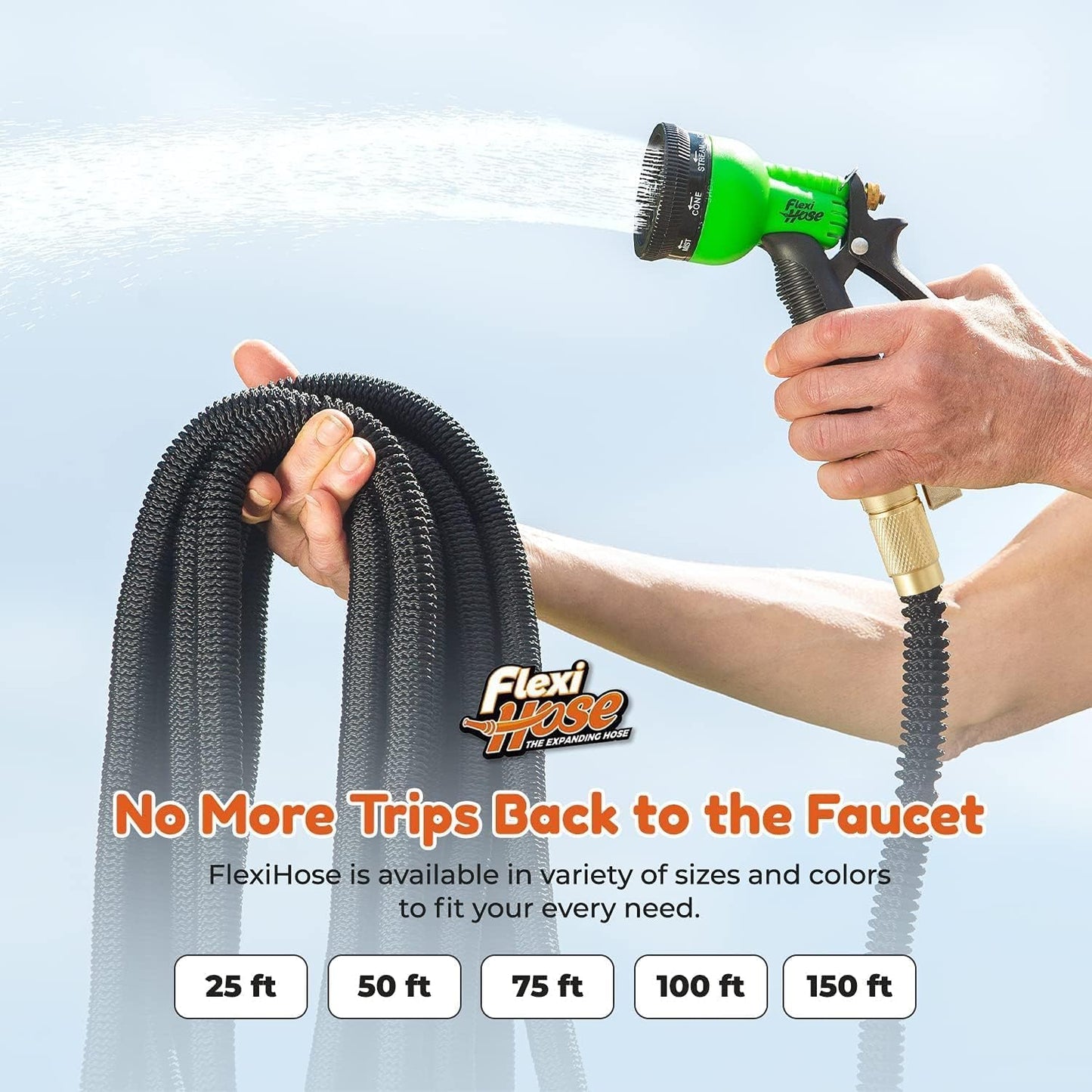 Flexi Hose Expandable Garden Hose with 8 Function Nozzle, 75FT - Lightweight Retractable Garden Hose, Water Hose - No-Kink Flexibility, 3/4 Inch Solid Brass Fittings and Double Latex Core