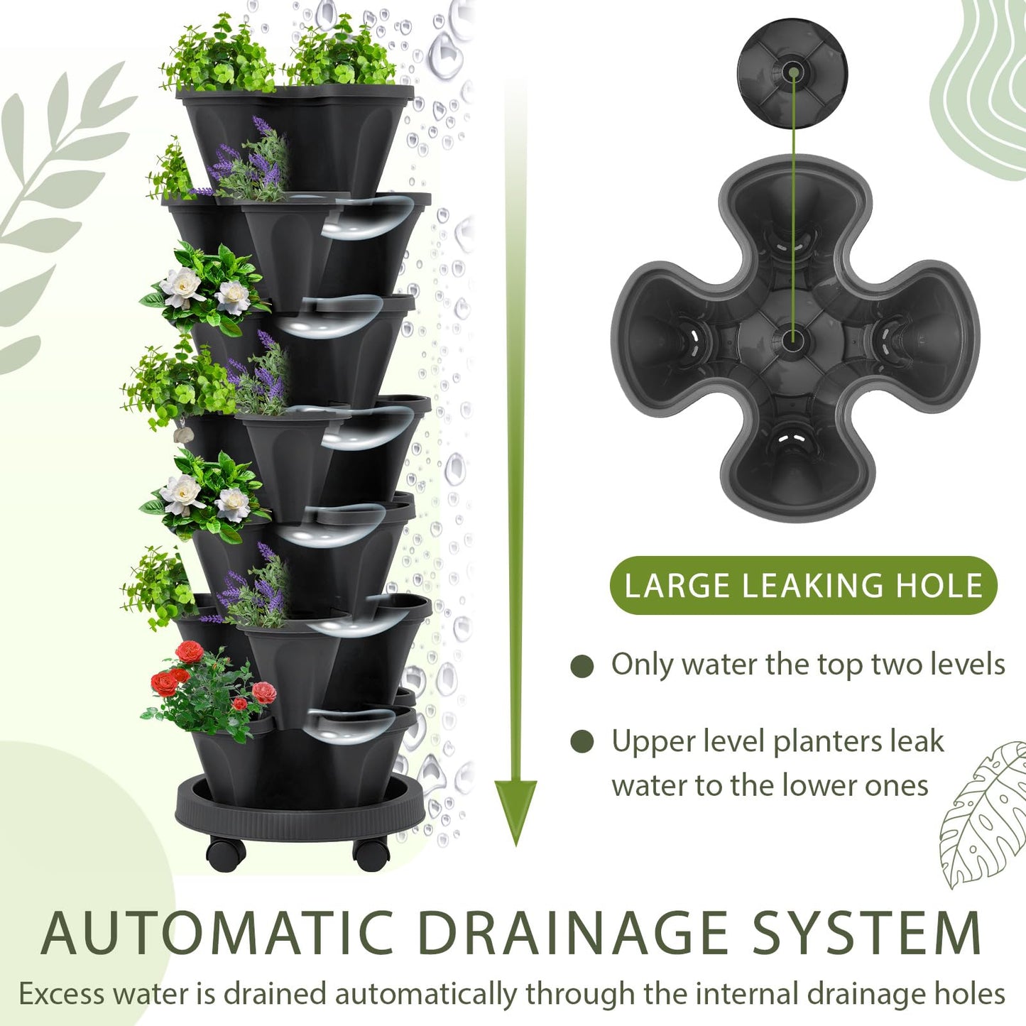 Umigy 2 Set of 7 Tier Vertical Planter Stackable Tower Planters Strawberry Herb Flower and Vegetable Pots Indoor Outdoor Gardening Pots with Removable Wheels and Tools(Black)