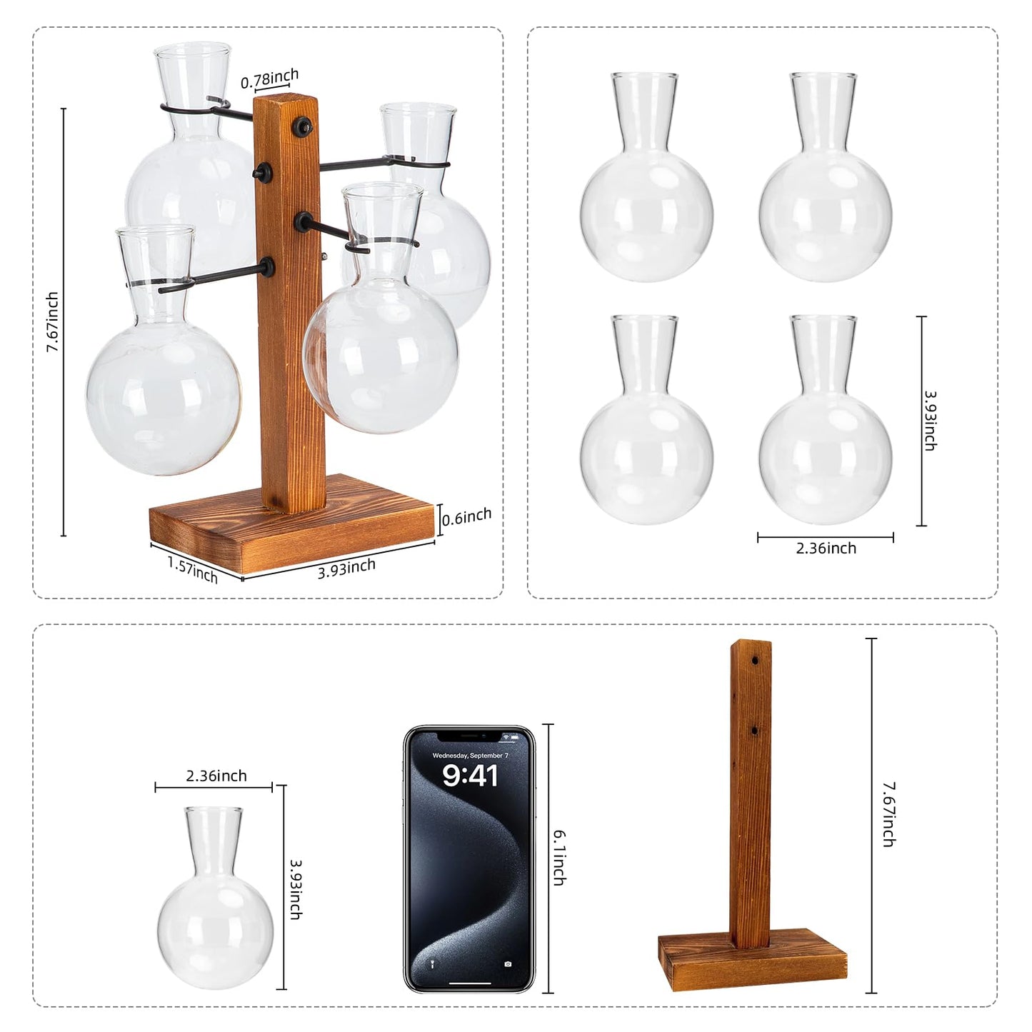 Plant Propagation Station with Wood Stand, Propagation Vases for Plants, Terrarium Kit for Home Office Garden Decor, Gifts for Plant Lovers - 4 Bulb Glass Vases