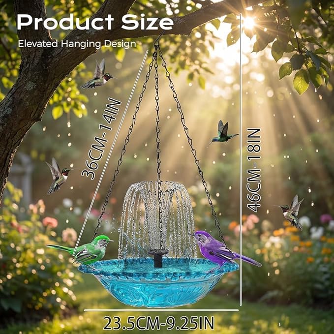 Solar Hanging Bird Bath with Fountain Cascade, Solar Powered Cascade Hanging Bird Bath Fountain with Solars Pump,for Outdoor and Gardens (Blue)