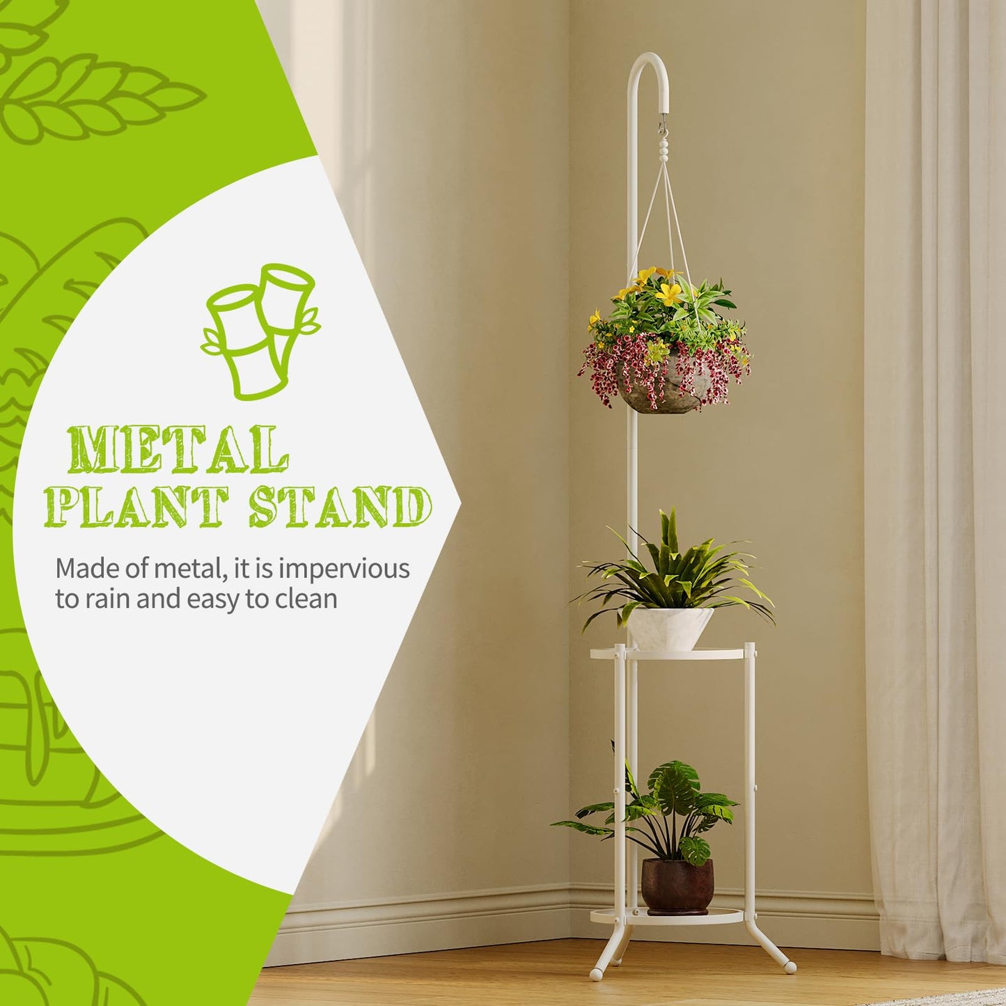 Plant Stand with Hooks Indoor Outdoor Corner Tall Plant Stand Heavy-Duty Metal 3-Tier Plant Shelf Holder Rack for Patio Garden Balcony Living Room Bedroom(semicircular White)