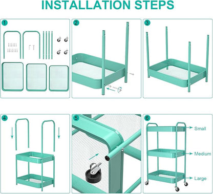 3-Tier Rolling Cart, Metal Utility Storage Carts with Wheels,Blue | Multi-Functional Organizer Easy Assembly Snack Cart