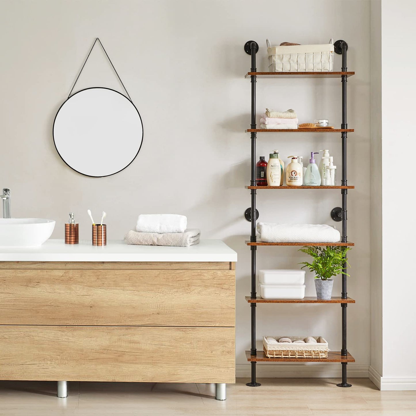 YMYNY Industrial Pipe Ladder Shelf, 6-Tier Wall Mounted Bookcase with Metal Frame, 78.7" Open Bookshelf, Multifunctional Storage Rack for Home Office, Living Room, Plant Stand, Rustic Brown, RF-TM018