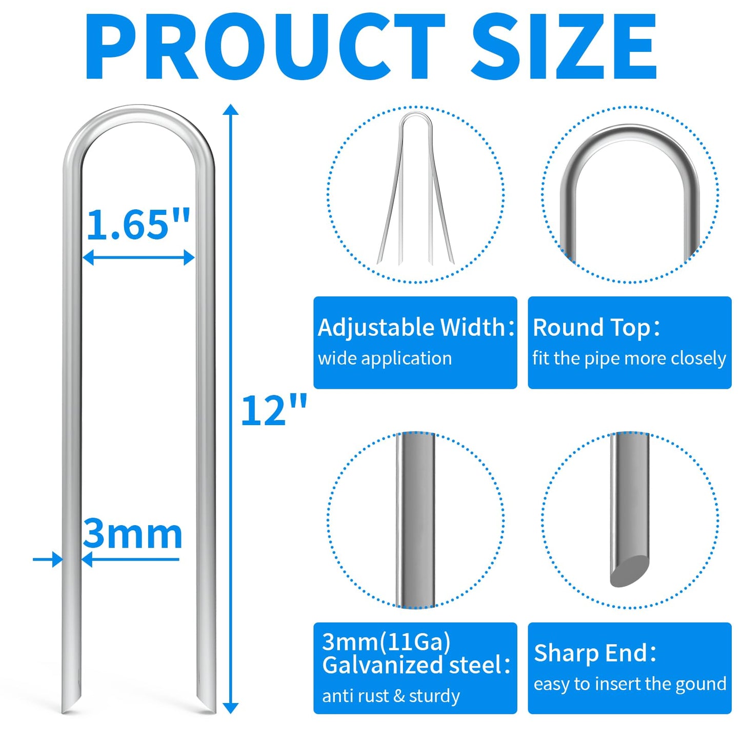 MySit 12 Inch 25 Pack Heavy Duty U Shaped Garden Stakes, 11 Gauge Galvanized Fence Stakes Landscape Staples Metal Yard Stakes for Ground, Drip Hose, Inflatables, Outdoor Decorations