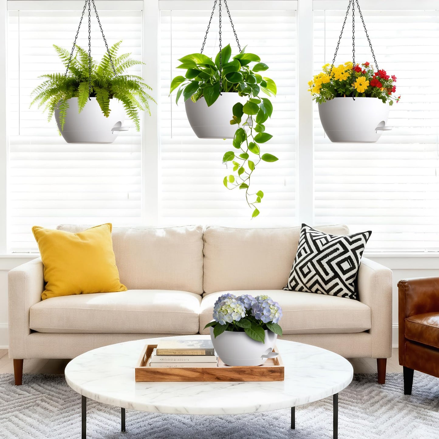 UOUZ Set of 3-10 Inch Self Watering Hanging Planters for Indoor Outdoor，Hanging Plant Pots with Drainage & Removable Tray, Hanging Pots for Pothos Plant, Spider Plants, Ferns, Balcony & Patio, White