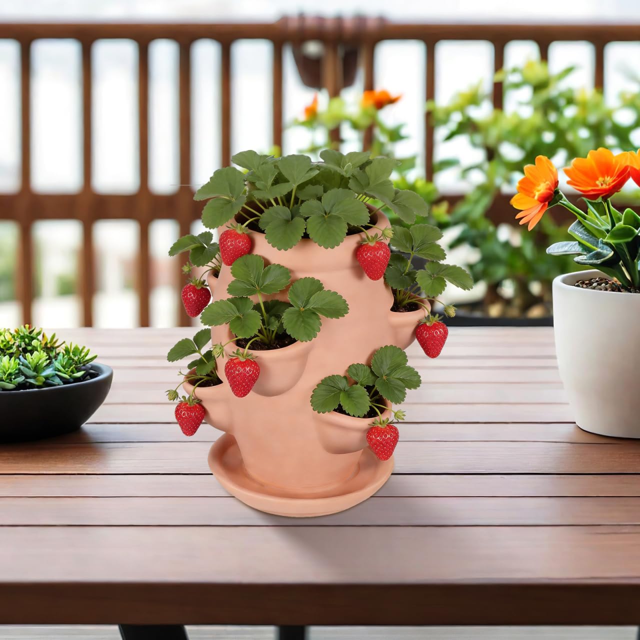 CAXUSD Ceramic Strawberry Tower Planter Pot with Multi Mini Pockets for Succulents and Small Plants Lightweight Indoor Outdoor Decorative Garden Flower Container 5.91X7.48X5.91 Inches