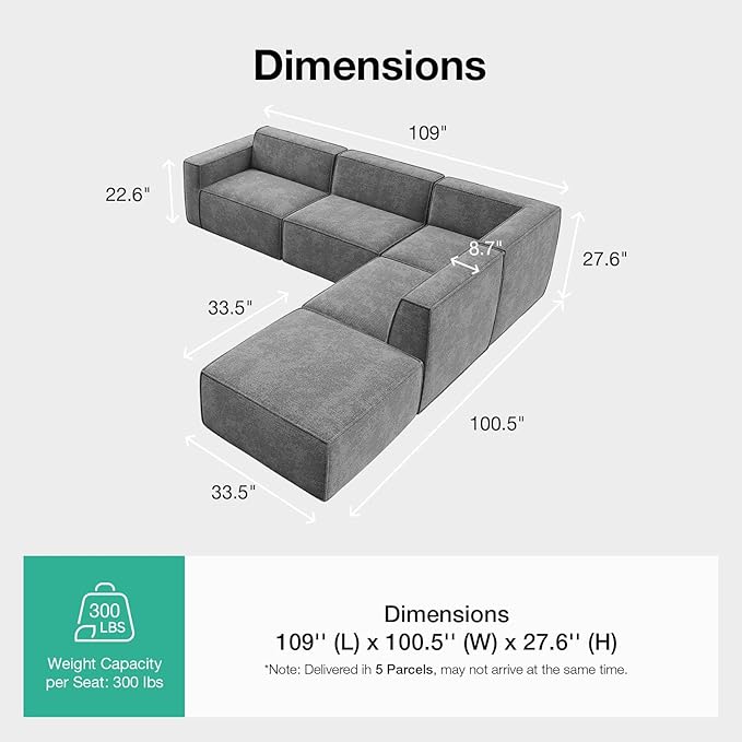 Novilla 109" Modular Sectional Sofa, No Assembly Cloud Sectional Couch