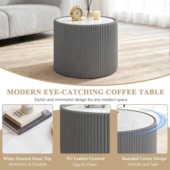 Marble Round Side Table, 17.71" Fluted End Table