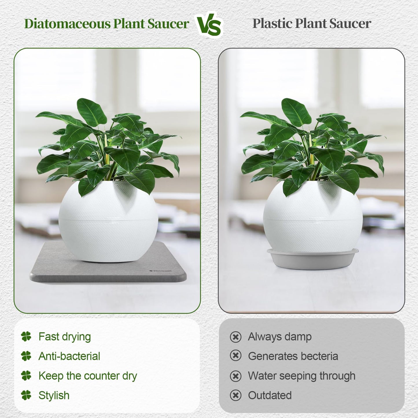 Dovesail Plant Saucer, 12" Instantly Dry Diatomaceous Earth Stone Prevents Moisture Buildup, Flower Plant Tray Pot Saucer Keep Counter and Floors Dry and Clean (2 Pack)- Dark Gray