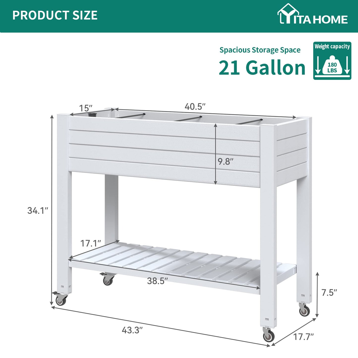 YITAHOME 43.3x17.7x34 in Elevated Garden Bed 2pcs, Outdoor Plastic Planter Box with Wheels, Legs, Drain Plug, and Storage Shelf for Plants, Vegetables, Flowers, Herbs, Grayish-White