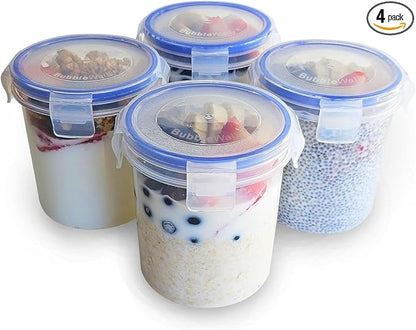 Overnight Oats Container with Lids (4-Piece set) - 16 oz Plastic Containers with Lids - Oatmeal Container to go | Portable Cereal and Milk Container on the go | Airtight Snap Lock Storage Jars