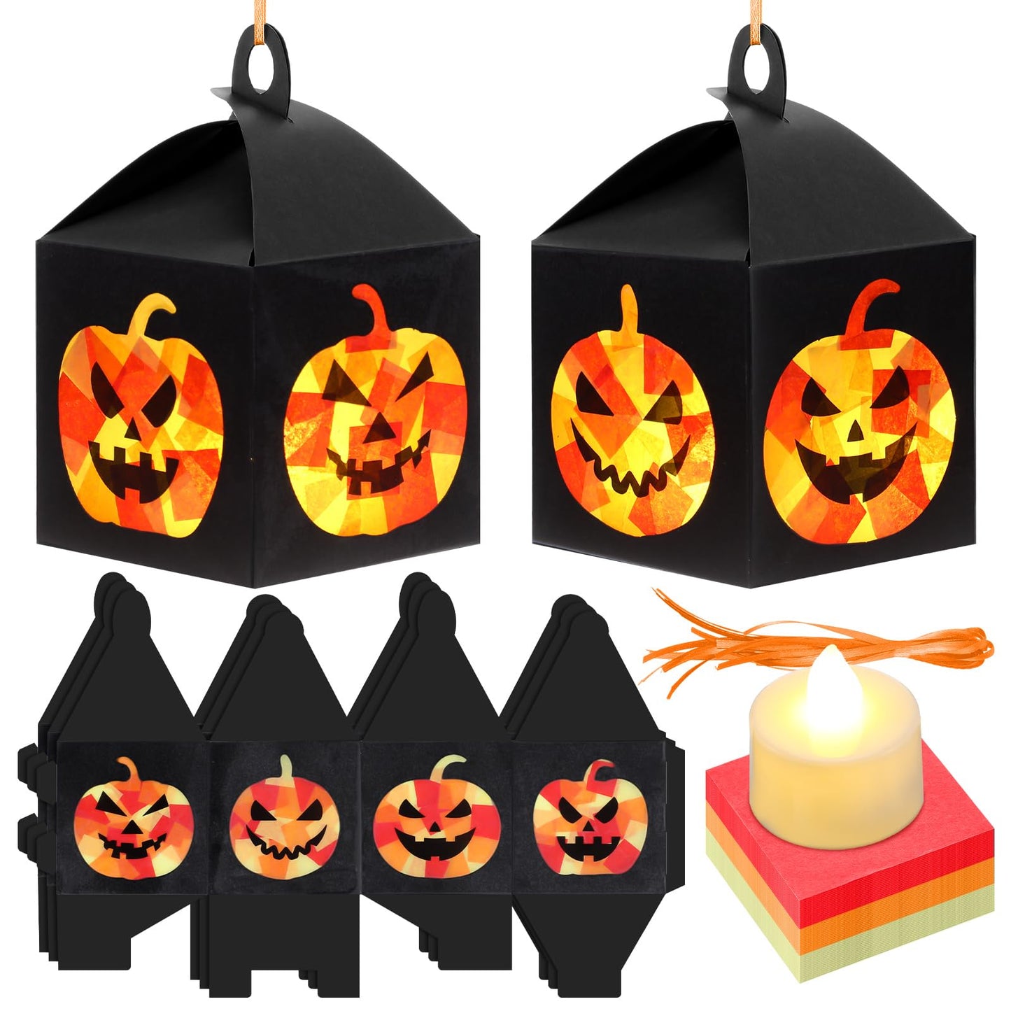Simgoing 12 Sets Halloween Jack-O-Lantern Crafts with LED Candlelight Jack-o-Lantern Tissue Paper Crafts Kits DIY Pumpkin Suncatchers Lanterns Kits Hanging Spooky Supplies for Halloween Party Decors