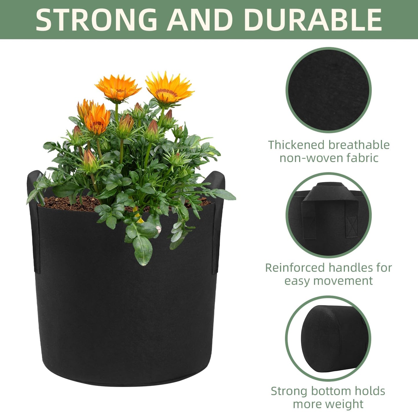 LITLANDSTAR 7 Pack Black Grow Bags, Thickened Nonwoven Plant Fabric Pots with 4 Sizes - 5/7/10/15 Gallon Aeration Planting Bags for Potato Tomato Carrot Strawberry