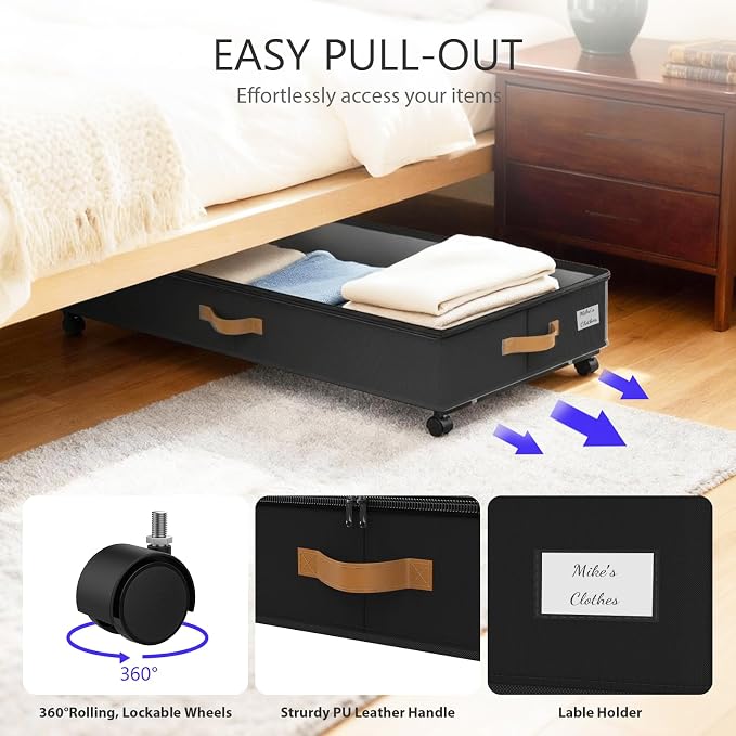 Under Bed Storage with Wheels 2-Pack, 75L XXL Under the Bed Storage Containers Large, 12" Tall Adjustable Storage for Underbed with Lids, Rolling for Clothes, Shoes, Blankets (Black)