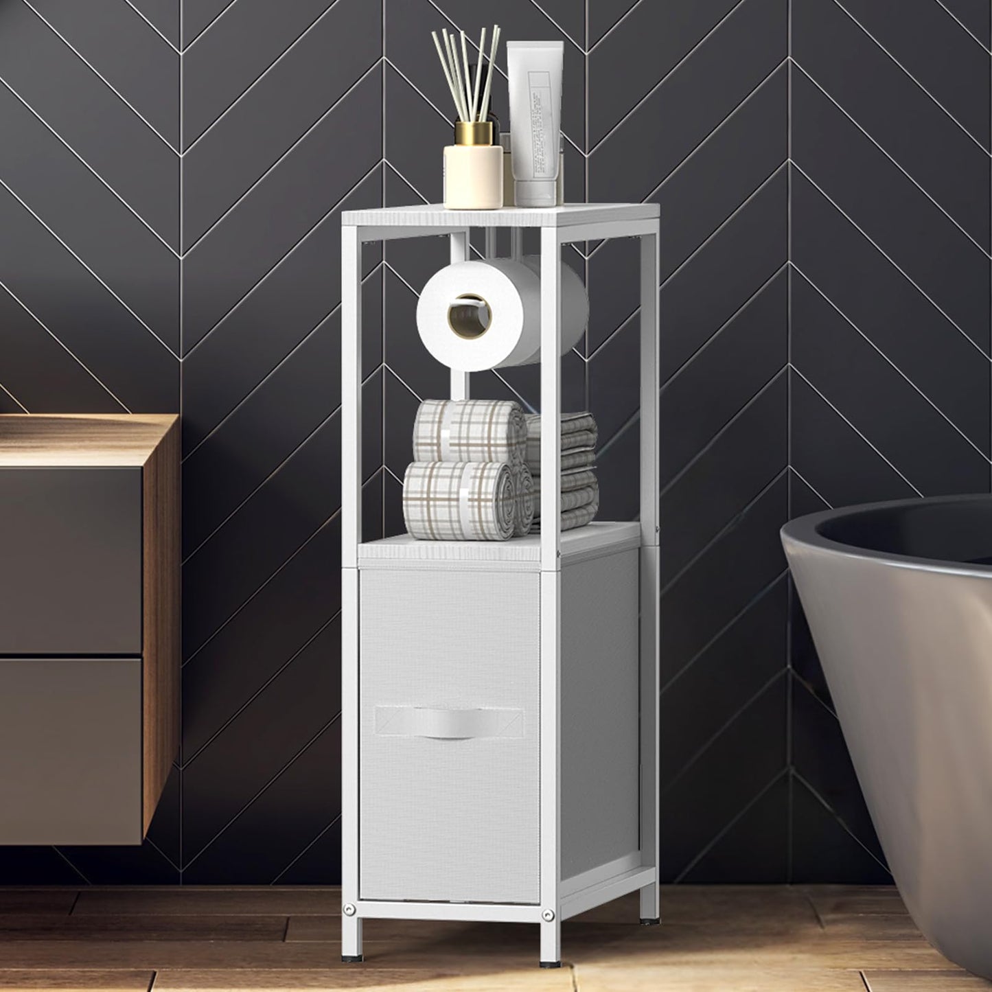 NOVIMANGO Slim Toilet Paper Storage Cabinet White, Toilet Paper Holder with Storage Bathroom Cabinet for Small Spaces Freestanding Tissue Stand with Drawer