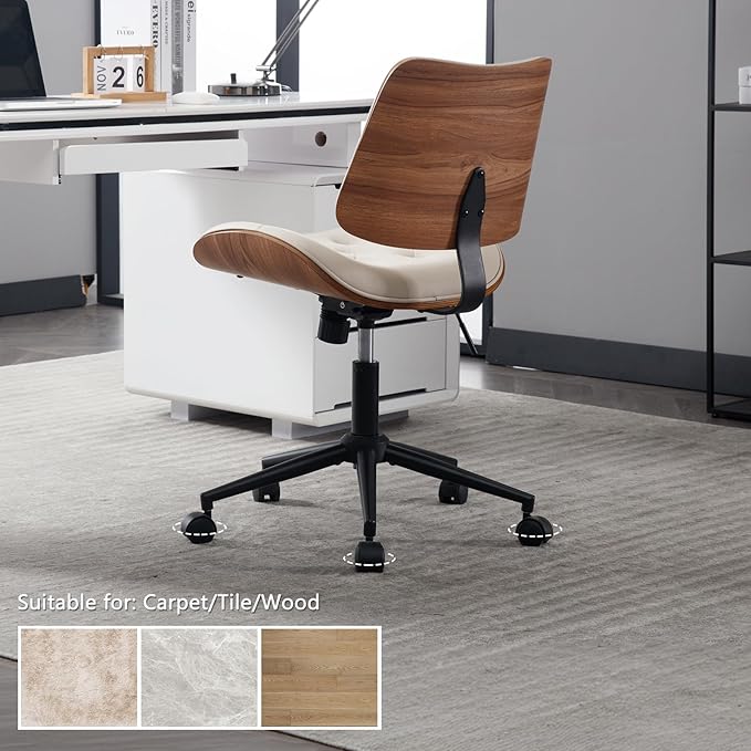 Armless Home Office Chair with Wheels, PU Leather Adjustable Height Computer