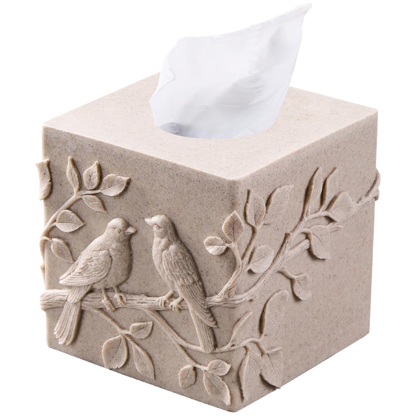 Beige Sandstone Relief Birds Square Tissue Box Cover Decorative,Resin Heavy Sturdy Tissue Box Holder, Facial Paper Holder for Bathroom Vanity Countertop, Bedroom Night Stand,Office and End Table