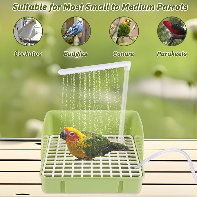 Automatic Bird Bath Fountain with Anti-Bite Cord Protector, Large Parrot Bathtub with Running Water Faucet, USB Electric Bird Shower for Parakeet, Cockatiel, Conure, African Grey, Lovebirds (Green)