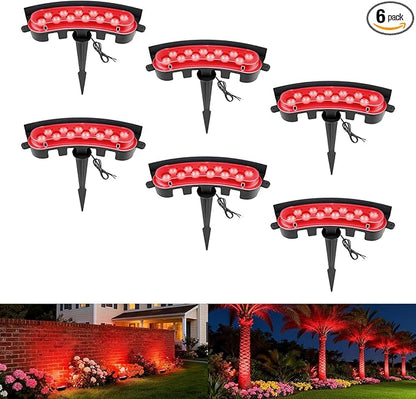 Low Voltage Landscape Flood Lights, Red Light 9W 12V Wired Outdoor LED Color Floodlights for Uplighting Palm Tree House Flag Wall Washer, Super Bright, Unique Design, Aluminum, Black, 6Pack