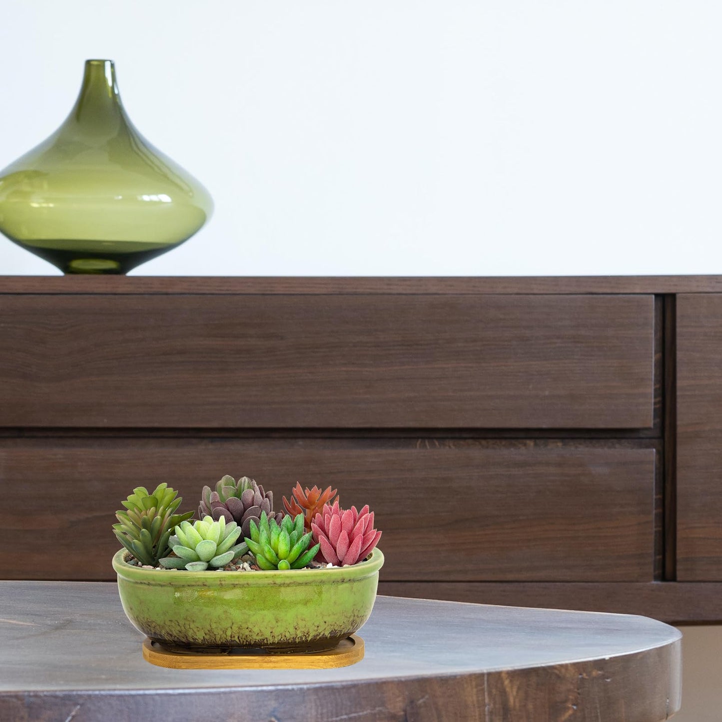 ARTKETTY Succulent Pots - Large Succulent Planters with Drainage Tray, 7.9'' Ceramic Pots for Indoor Cactus Plants, Oval Bonsai Flower Plant Container Bowl Decorative Home Desk Windowsill