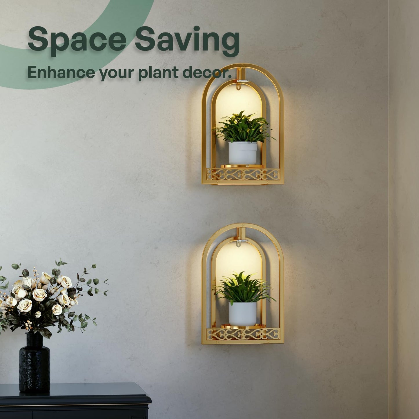 Rioneta LED Grow Light Wall Hanging Planters with USB Power, Remote Control, Modern Decor for Indoor/Outdoor Plants, Living Room, Garden, Patio 2 Pack Gold