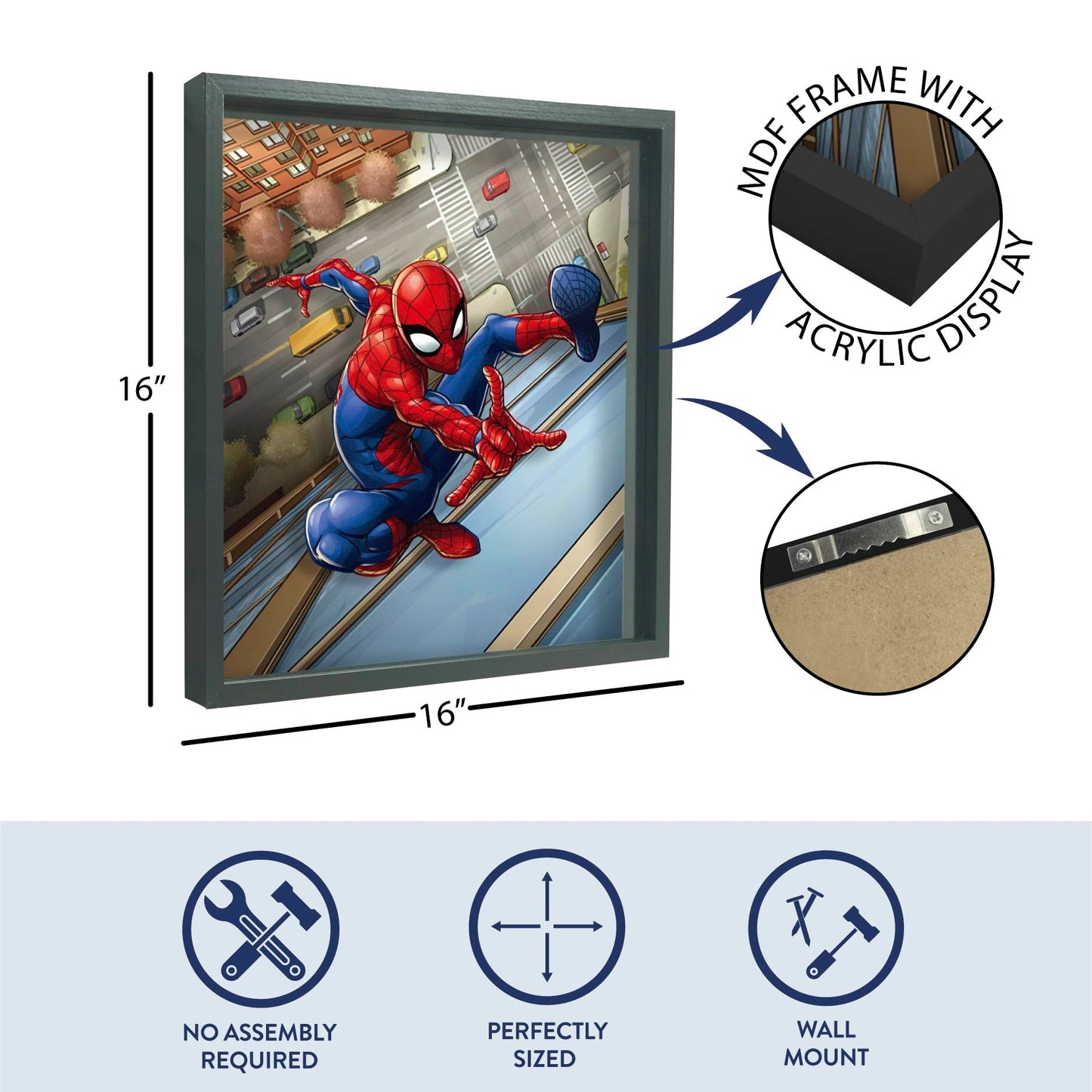 Idea Nuova Marvel Spiderman Childrens Dual Layer Wall Hanging Art Décor,MDF Frame, 16"x16"