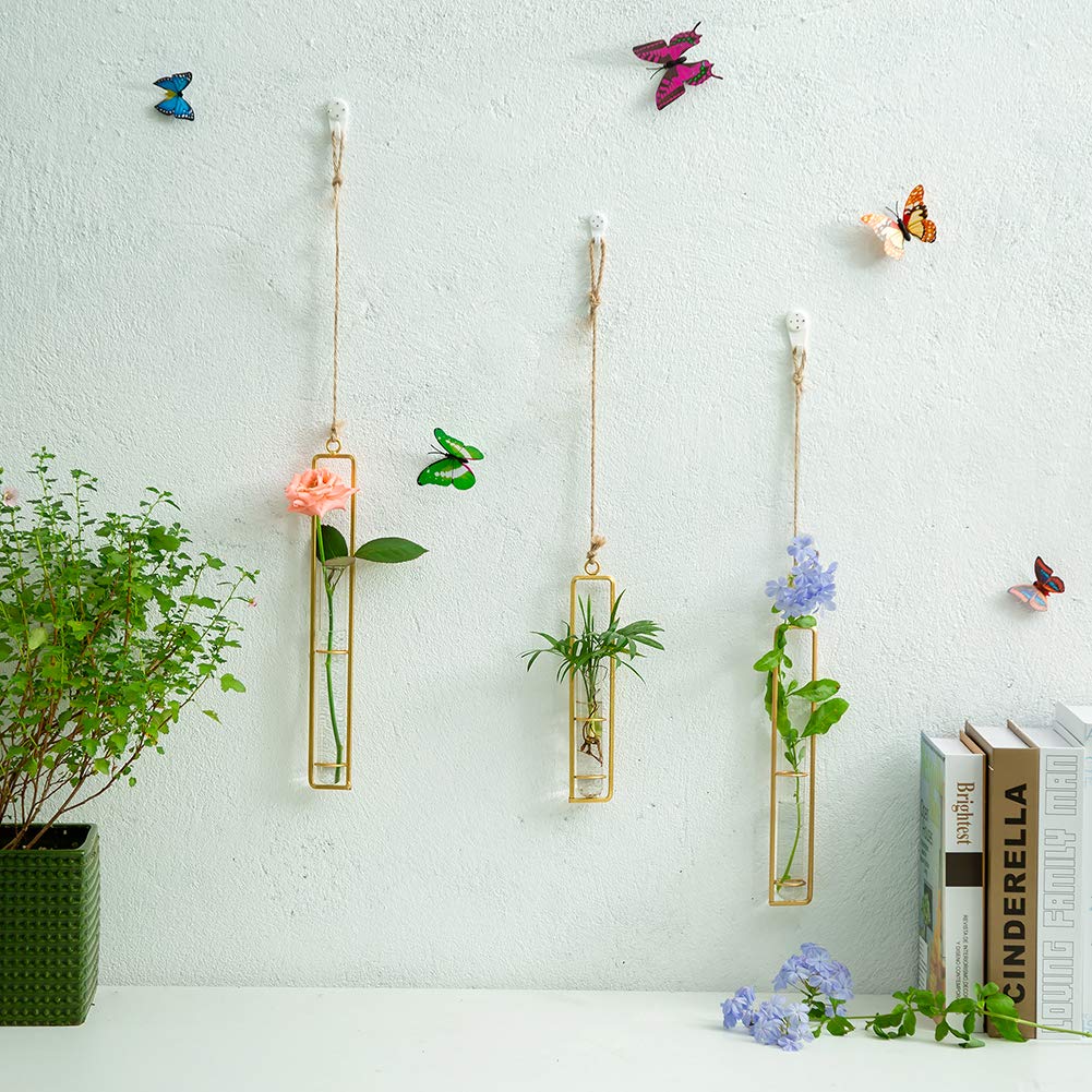 Sziqiqi Glass Propagation Station Test Tube Vases Clear Glass for Cuttings, Buds, Greenery Hydroponic Plant Propagation Home Balcony Bath Wall Decoration Floral Container Set of 3 Gold