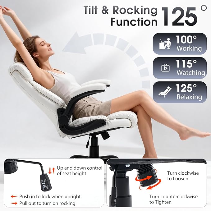 High Back Office Chair with Flip-up Armrests, Leather Comfy Desk Chair with