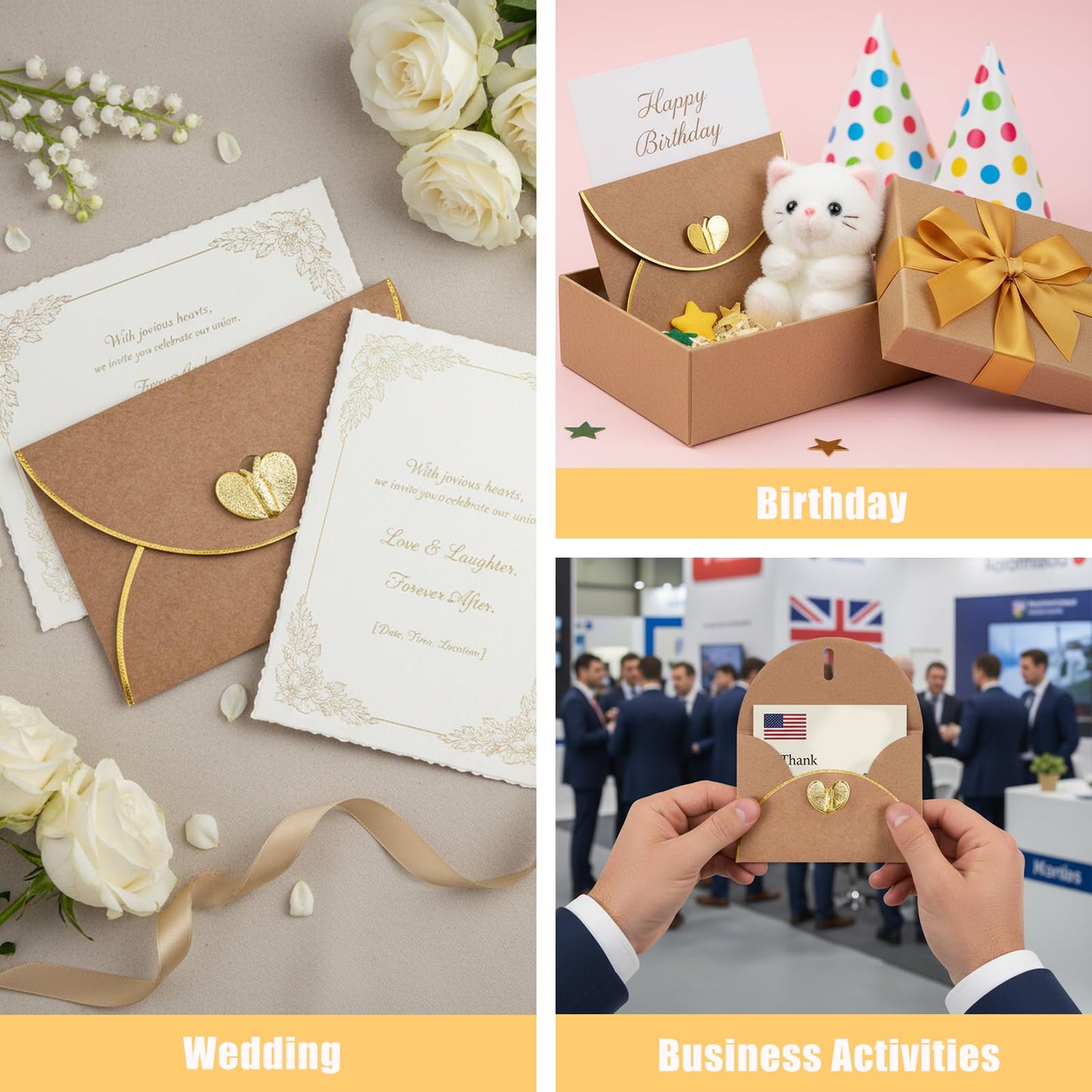JOHOUSE 50PCS Mini Gift Card Envelopes, 4 x 3 Inch Brown Gift Card Holders with Gold Border & Heart Clasp, for Thank You Cards, Wedding, Birthday, Business Cards