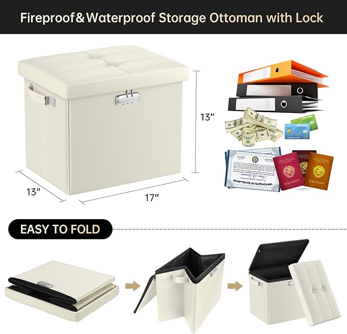 DocSafe Storage Ottoman with Lock, Fireproof＆Waterproof 17 Inches Folding