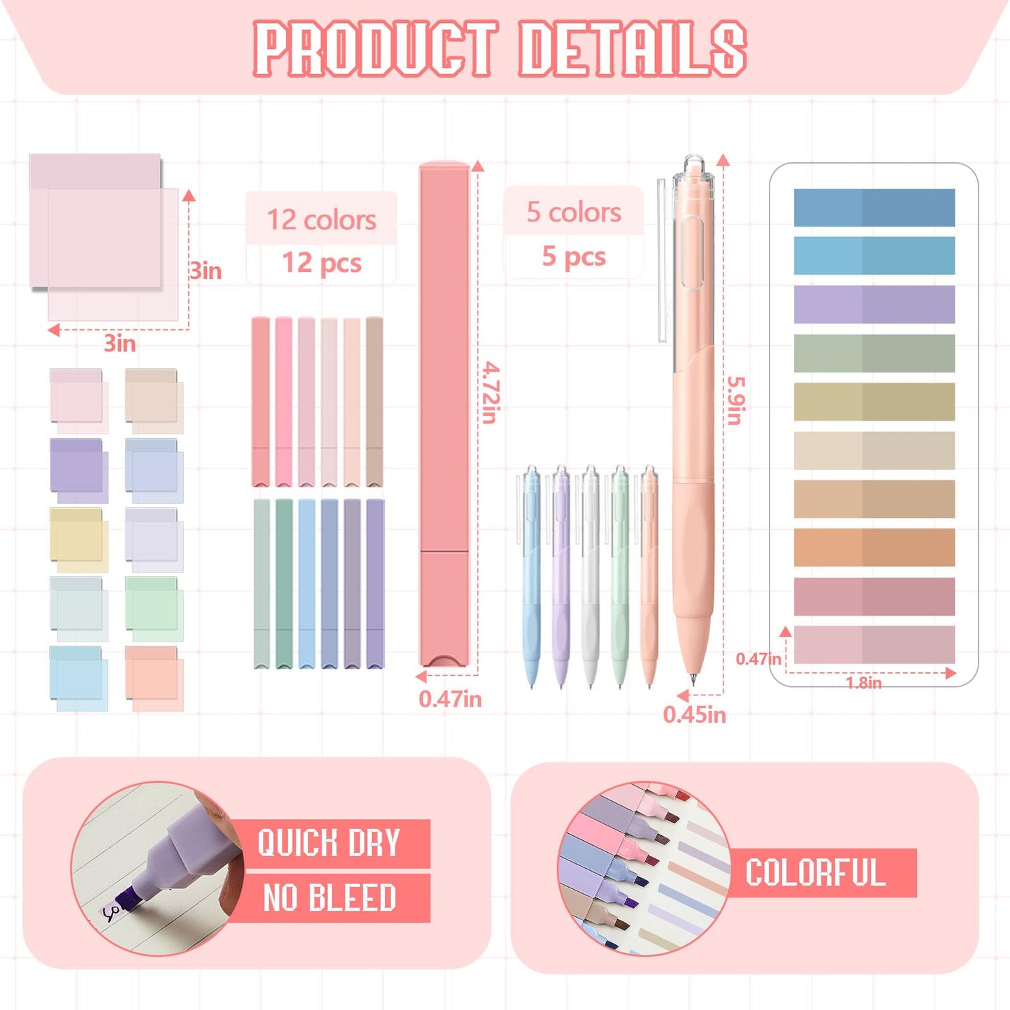 Jutom 39 Pcs Aesthetic Book Annotation Kit Highlighter with Case Bag Gel Pen Transparent Sticky Note Taking Book Supplies (Beige, Floral Style)