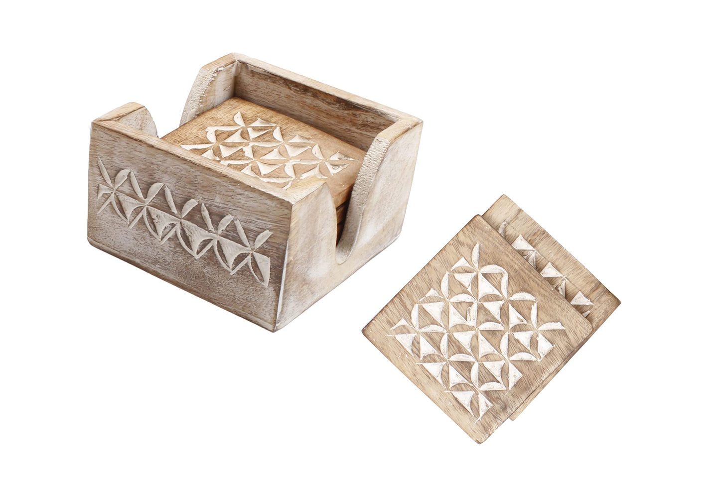 Wooden Set of 6 Whitewash Coasters with Holder Stand | White Distressed Coasters for Tea, Coffee & Drinks | Dining Table & Home Décor